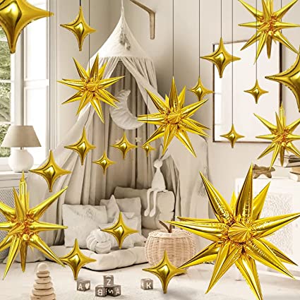 Gold Explosion Cone Mylar Balloons Gold 4 Point Star Foil Balloons