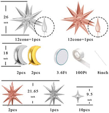 Load image into Gallery viewer, Explosion Star Moon Mylar Balloons Silver Rose Gold Cone Foil Balloons Silver 4 Point Star Balloons Transparent Fishing Line Glue Balloon Dot