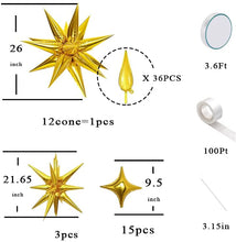 Load image into Gallery viewer, Gold Explosion Cone Mylar Balloons Gold 4 Point Star Foil Balloons With Transparent Fishing Line Glue Balloon Dot