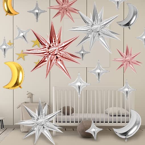 Explosion Star Moon Mylar Balloons Silver Rose Gold Cone Foil Balloons Silver 4 Point Star Balloons Transparent Fishing Line Glue Balloon Dot